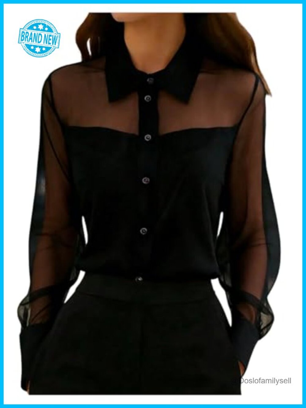Sheer Mesh Collared See Through Blouse Long Sleeve Office Top